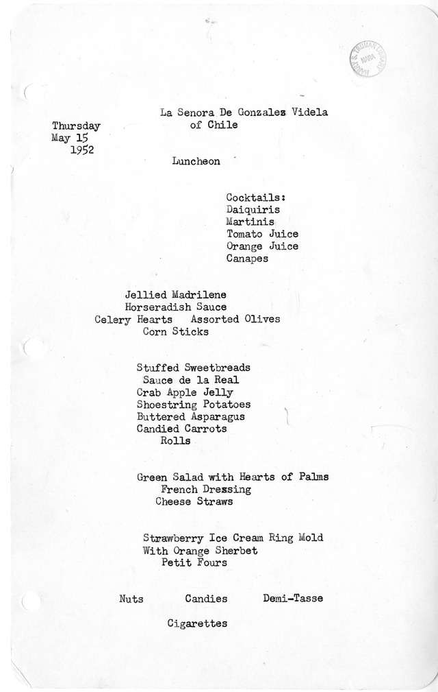 White House Menu for Luncheon for La Senora De Gonzales Videla of Chile