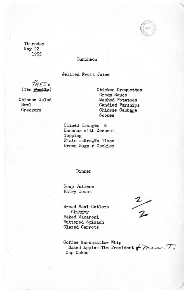 White House Luncheon and Dinner Menu