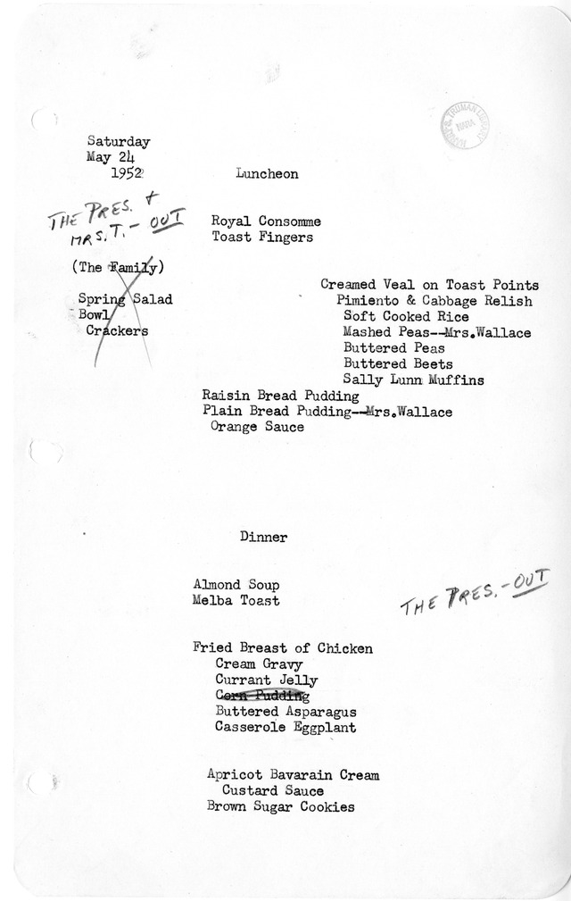 White House Luncheon and Dinner Menu