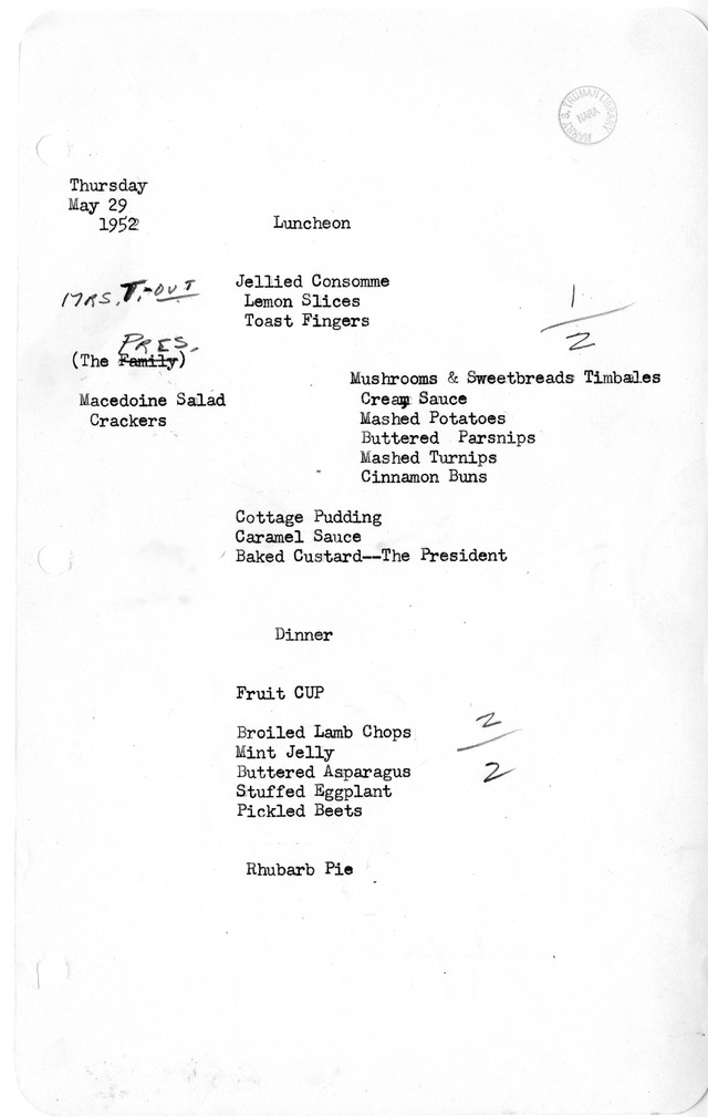 White House Luncheon and Dinner Menu