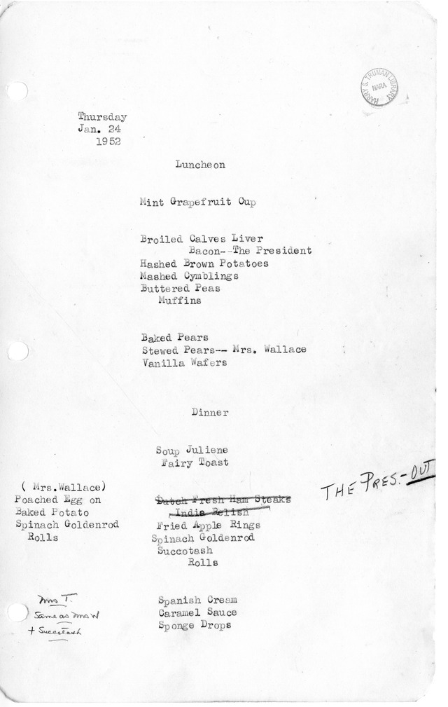 White House Luncheon and Dinner Menu