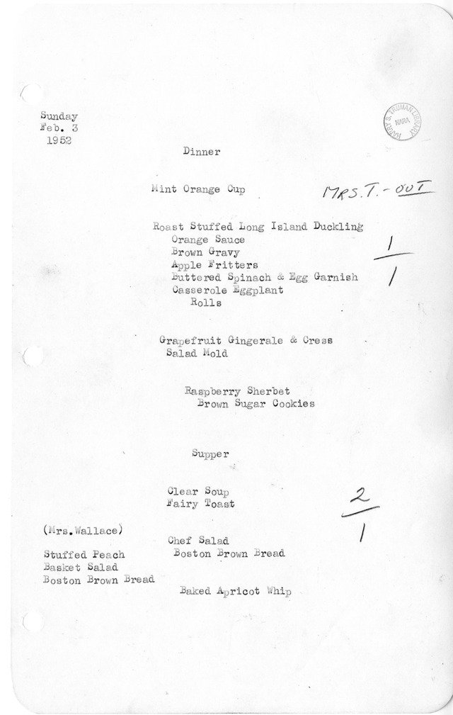 White House Dinner and Supper Menu