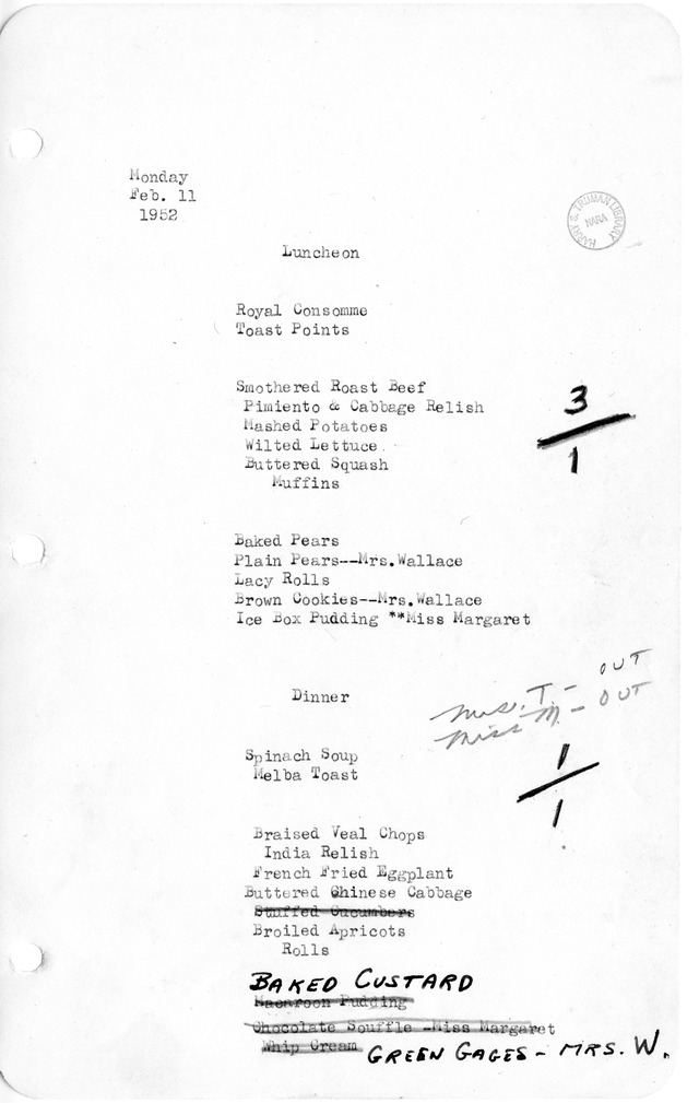 White House Luncheon and Dinner Menu