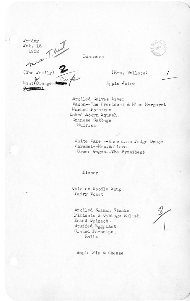 White House Luncheon and Dinner Menu