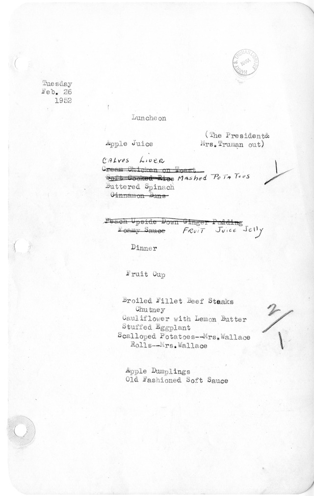 White House Luncheon and Dinner Menu