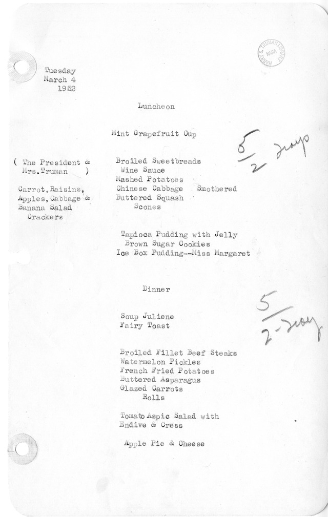 White House Luncheon and Dinner Menu