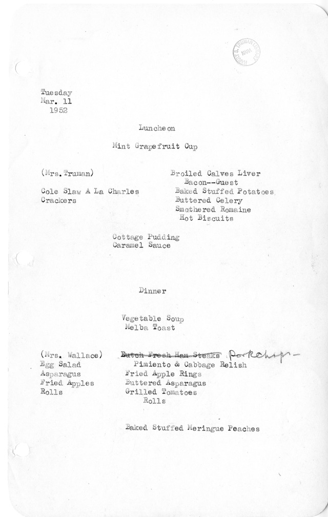 White House Luncheon and Dinner Menu