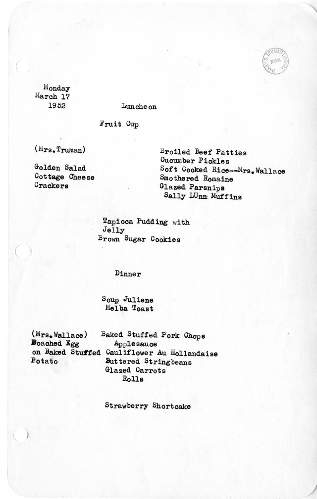 White House Luncheon and Dinner Menu