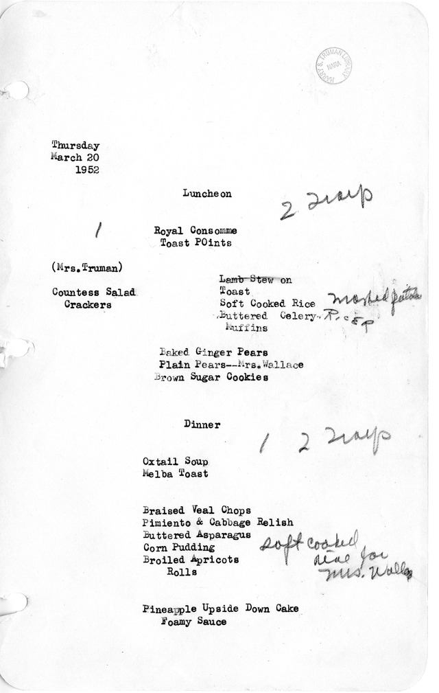 White House Luncheon and Dinner Menu