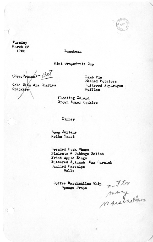 White House Luncheon and Dinner Menu