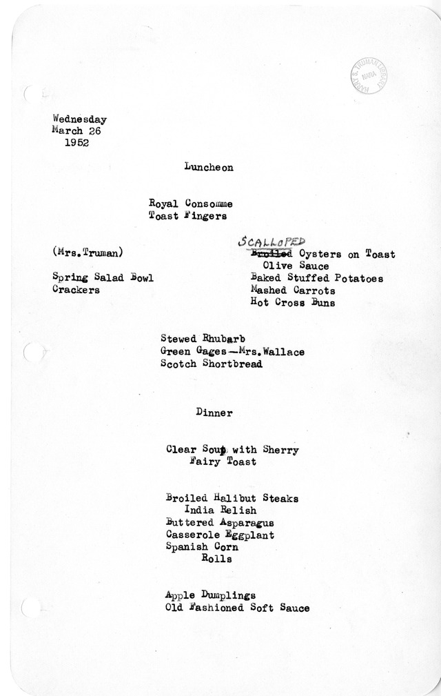 White House Luncheon and Dinner Menu