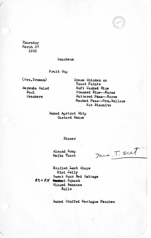 White House Luncheon and Dinner Menu