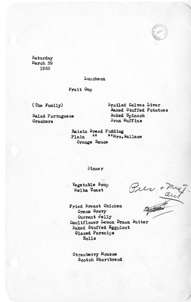 White House Luncheon and Dinner Menu