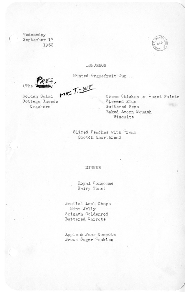 White House Luncheon and Dinner Menu