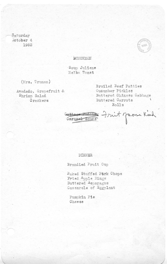 White House Luncheon and Dinner Menu