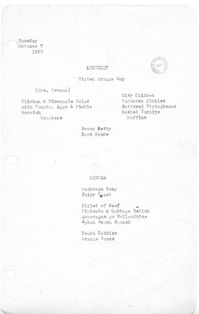 White House Luncheon and Dinner Menu