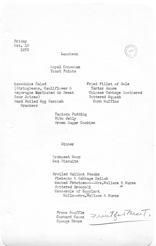 White House Luncheon and Dinner Menu