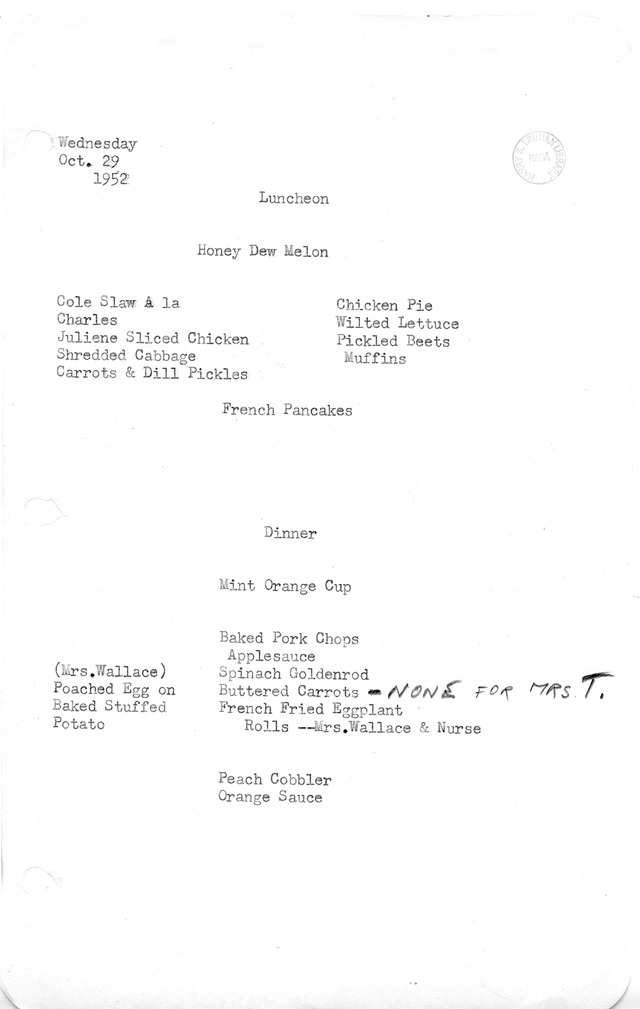 White House Luncheon and Dinner Menu