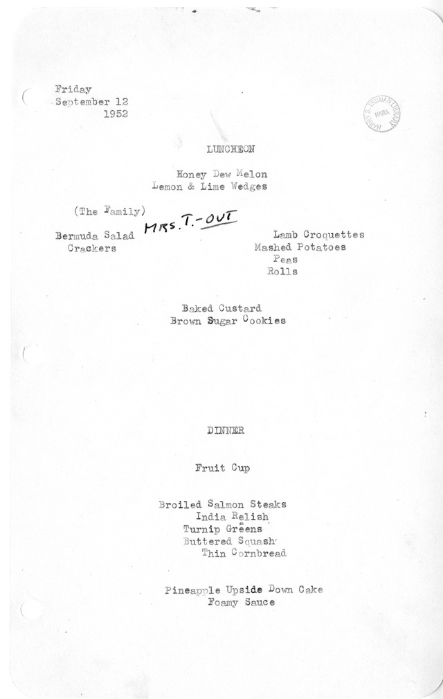 White House Luncheon and Dinner Menu