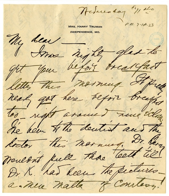 Letter from Bess W. Truman to Harry S. Truman