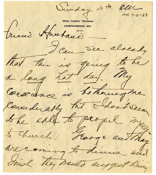 Letter from Bess W. Truman to Harry S. Truman