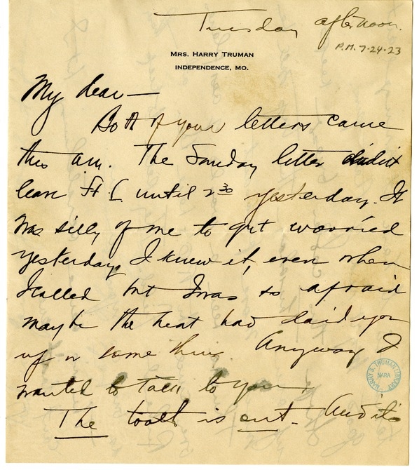 Letter from Bess W. Truman to Harry S. Truman