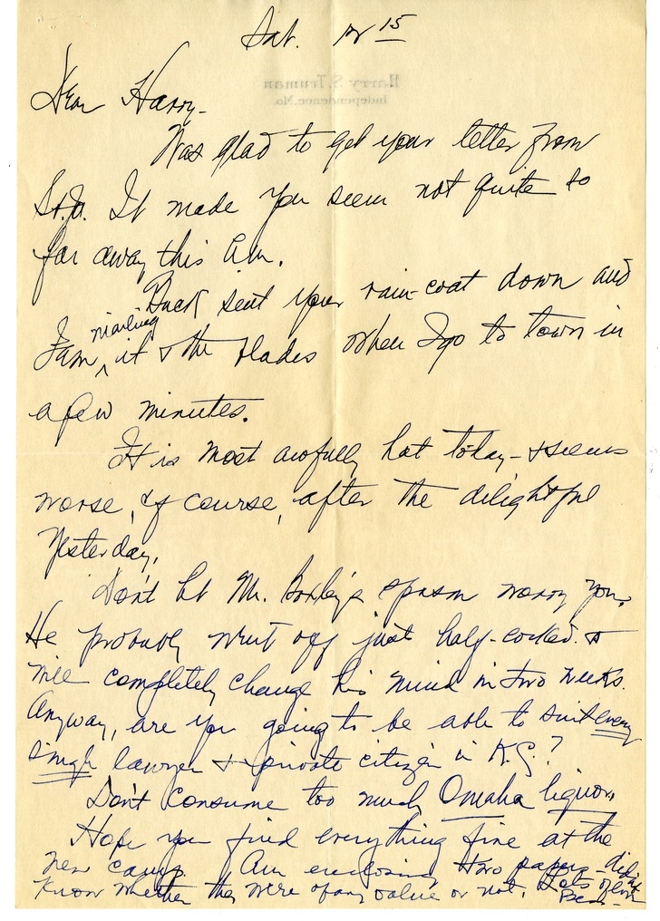 Letter from Bess W. Truman to Harry S. Truman