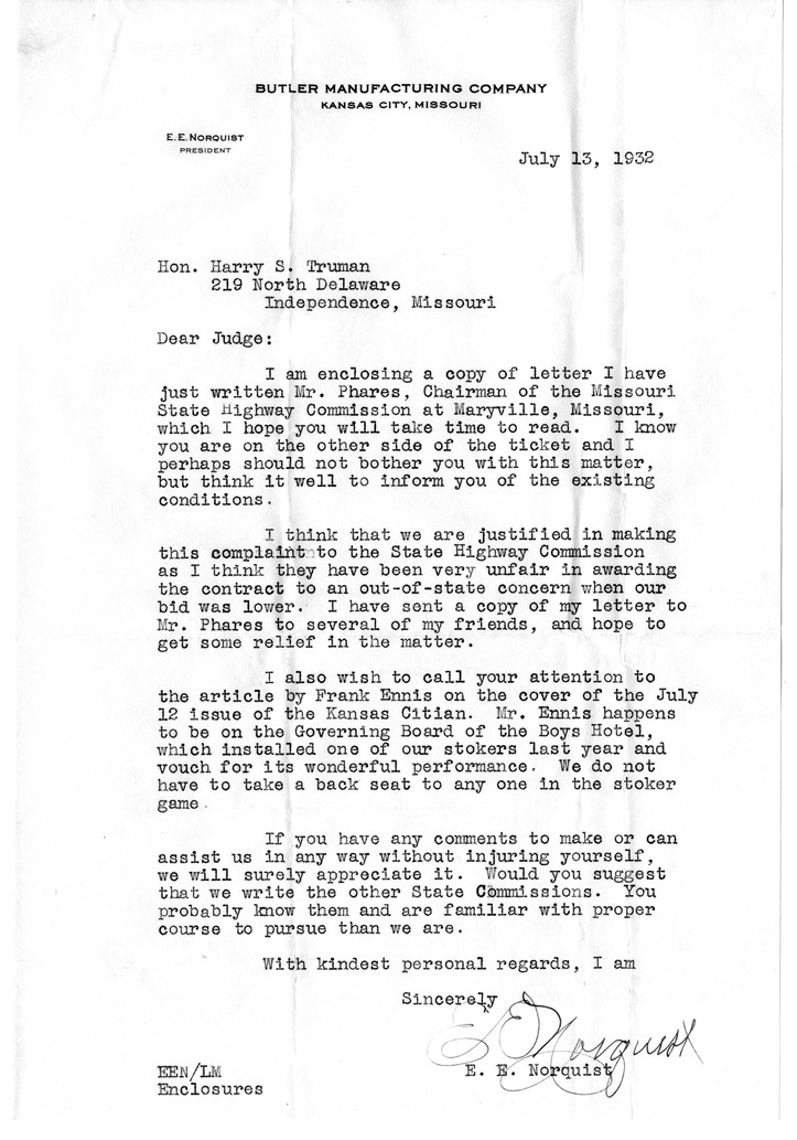 Letter from Bess W. Truman to Harry S. Truman