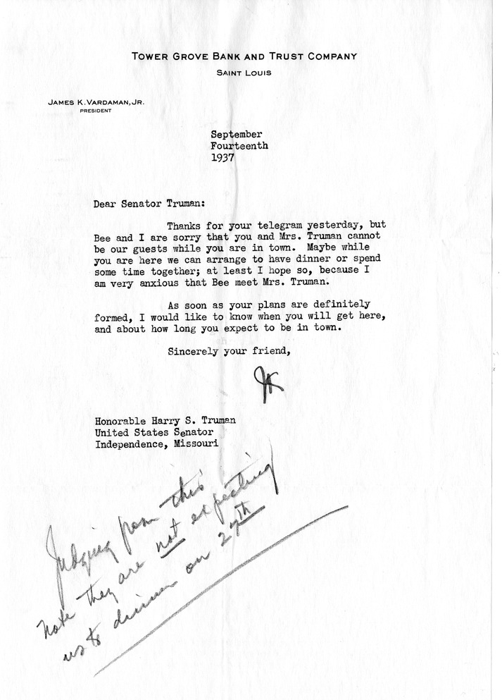 Letter from Bess W. Truman to Harry S. Truman