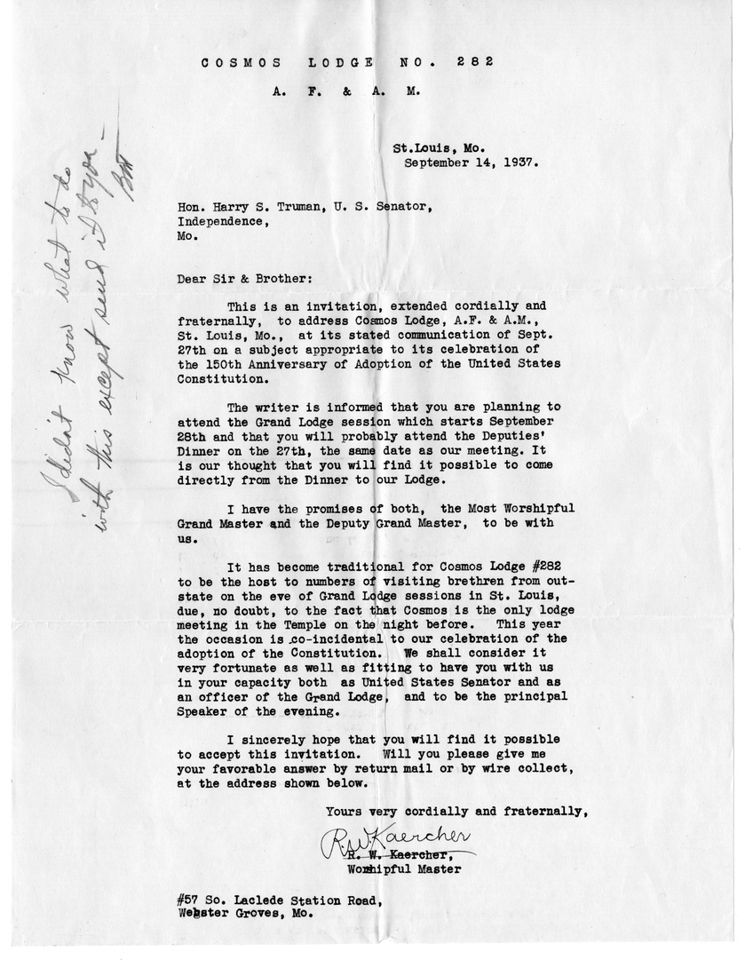 Letter from Bess W. Truman to Harry S. Truman