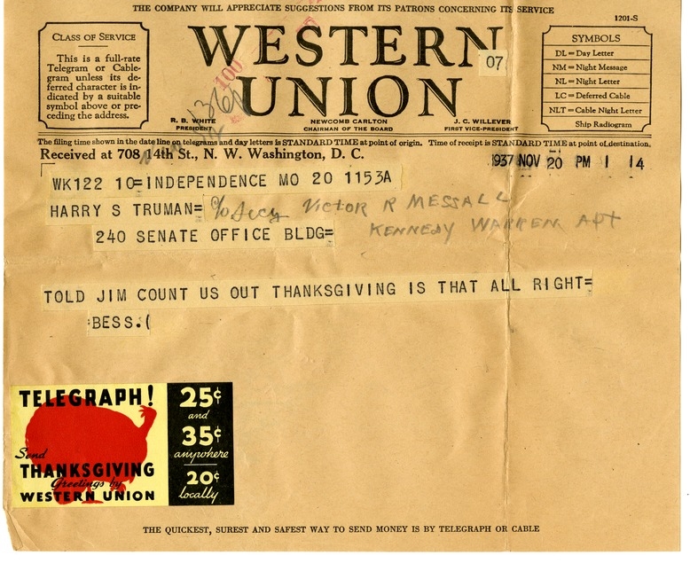 Telegram from Bess W. Truman to Harry S. Truman