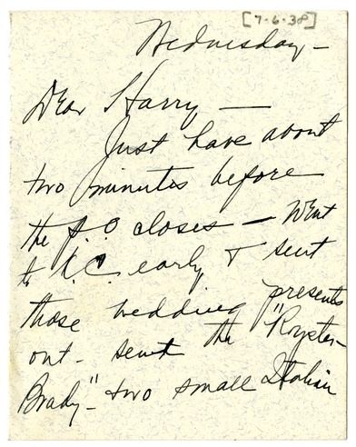 Letter from Bess W. Truman to Harry S. Truman