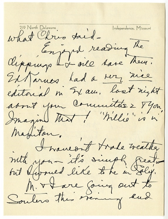 Letter from Bess W. Truman to Harry S. Truman