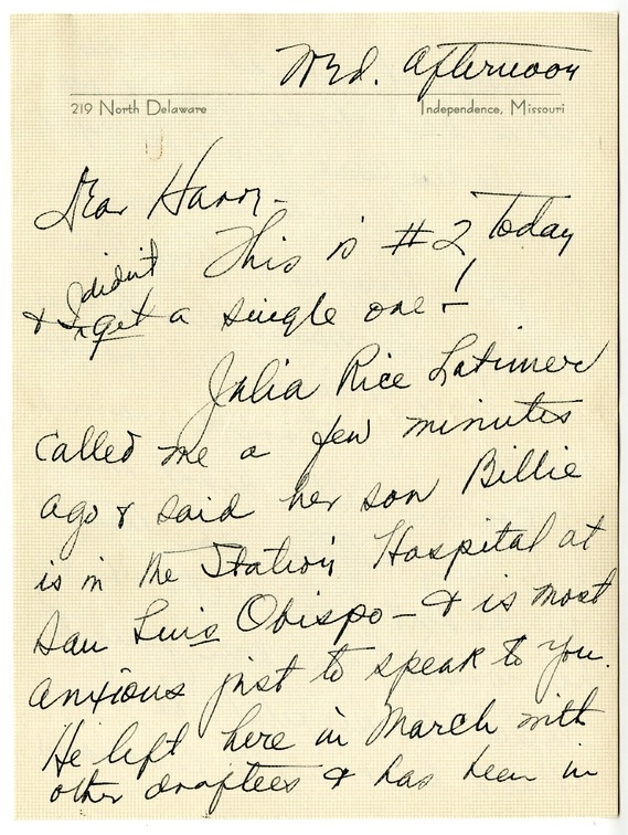 Letter from Bess W. Truman to Harry S. Truman