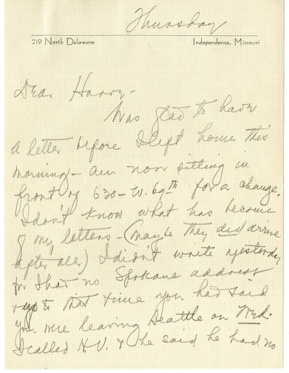 Letter from Bess W. Truman to Harry S. Truman