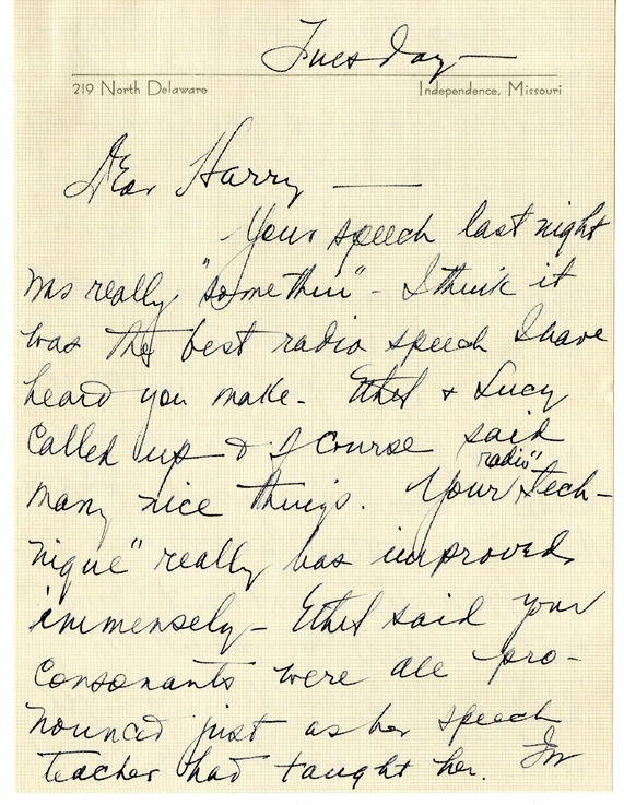 Letter from Bess W. Truman to Harry S. Truman