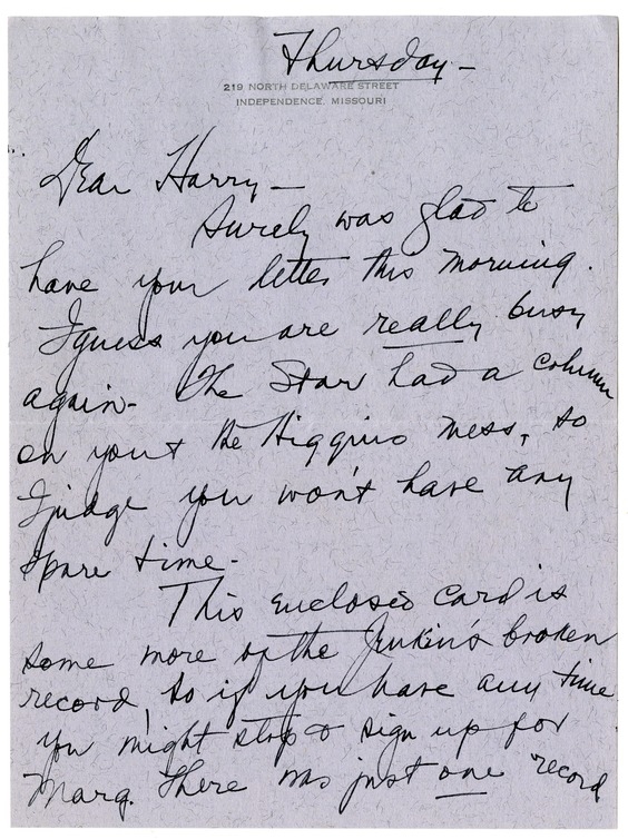 Letter from Bess W. Truman to Harry S. Truman