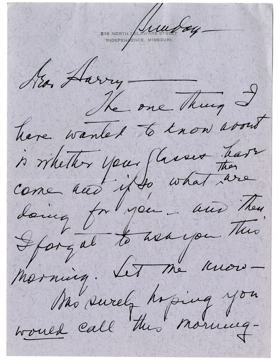 Letter from Bess W. Truman to Harry S. Truman