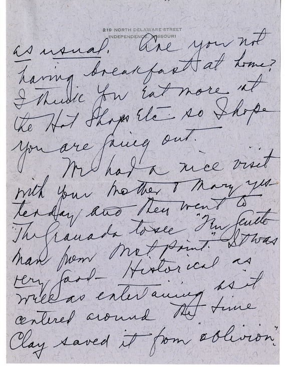 Letter from Bess W. Truman to Harry S. Truman