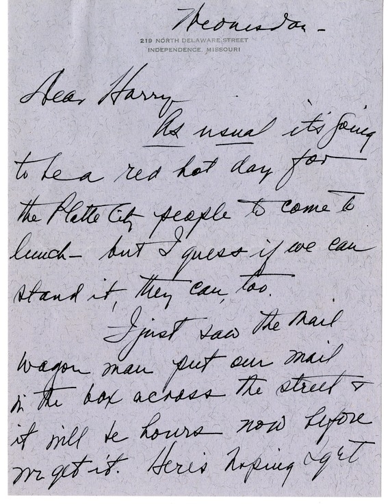 Letter from Bess W. Truman to Harry S. Truman