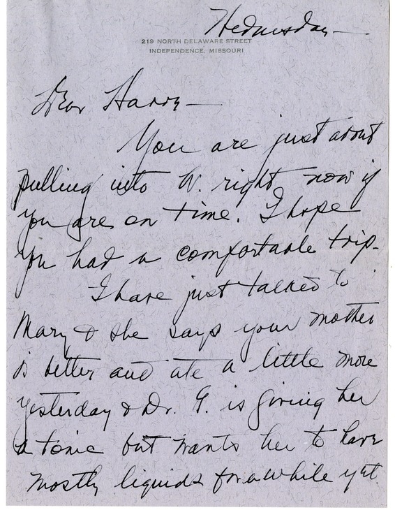 Letter from Bess W. Truman to Harry S. Truman