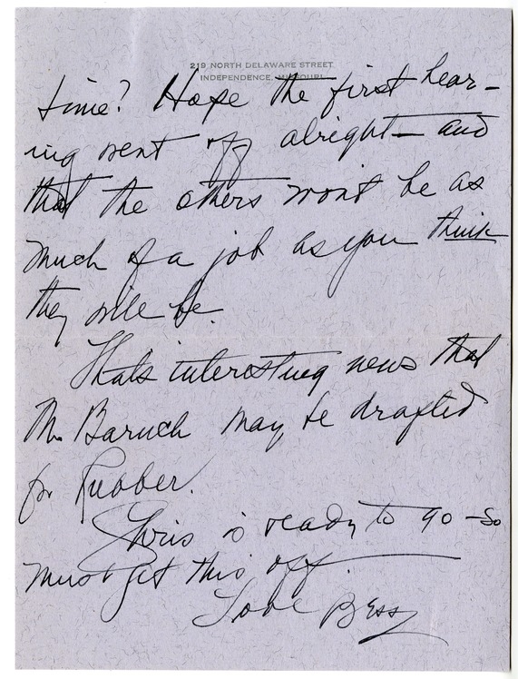 Letter from Bess W. Truman to Harry S. Truman