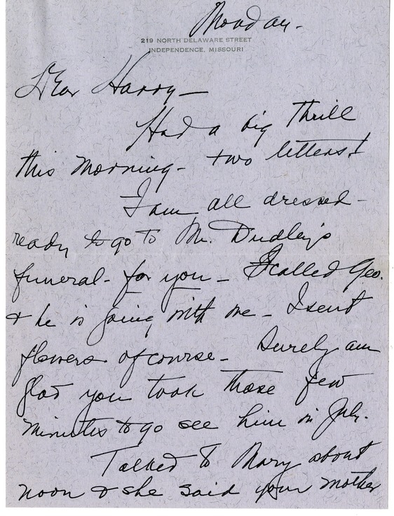 Letter from Bess W. Truman to Harry S. Truman