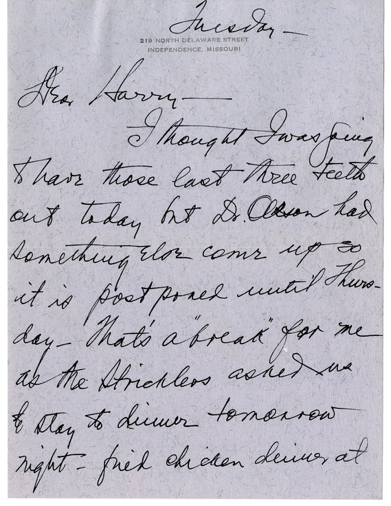 Letter from Bess W. Truman to Harry S. Truman