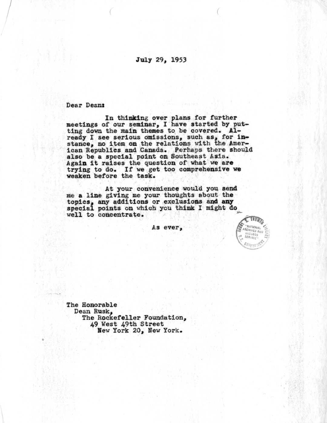 Letter from Dean Acheson to Dean Rusk