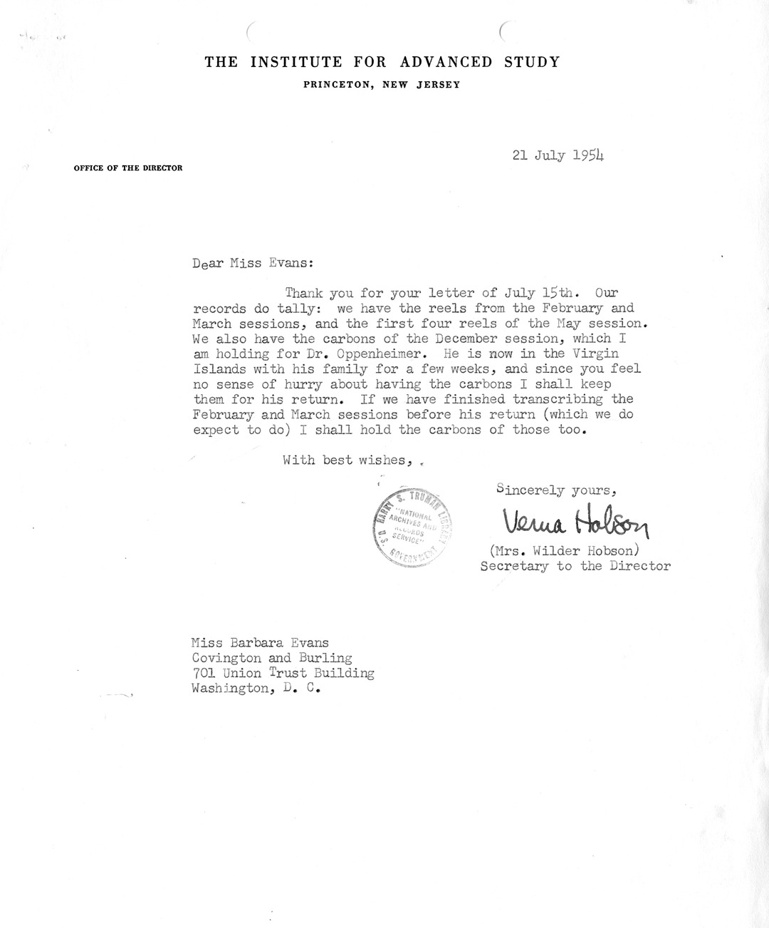 Letter from Verna Hobson to Barbara Evans