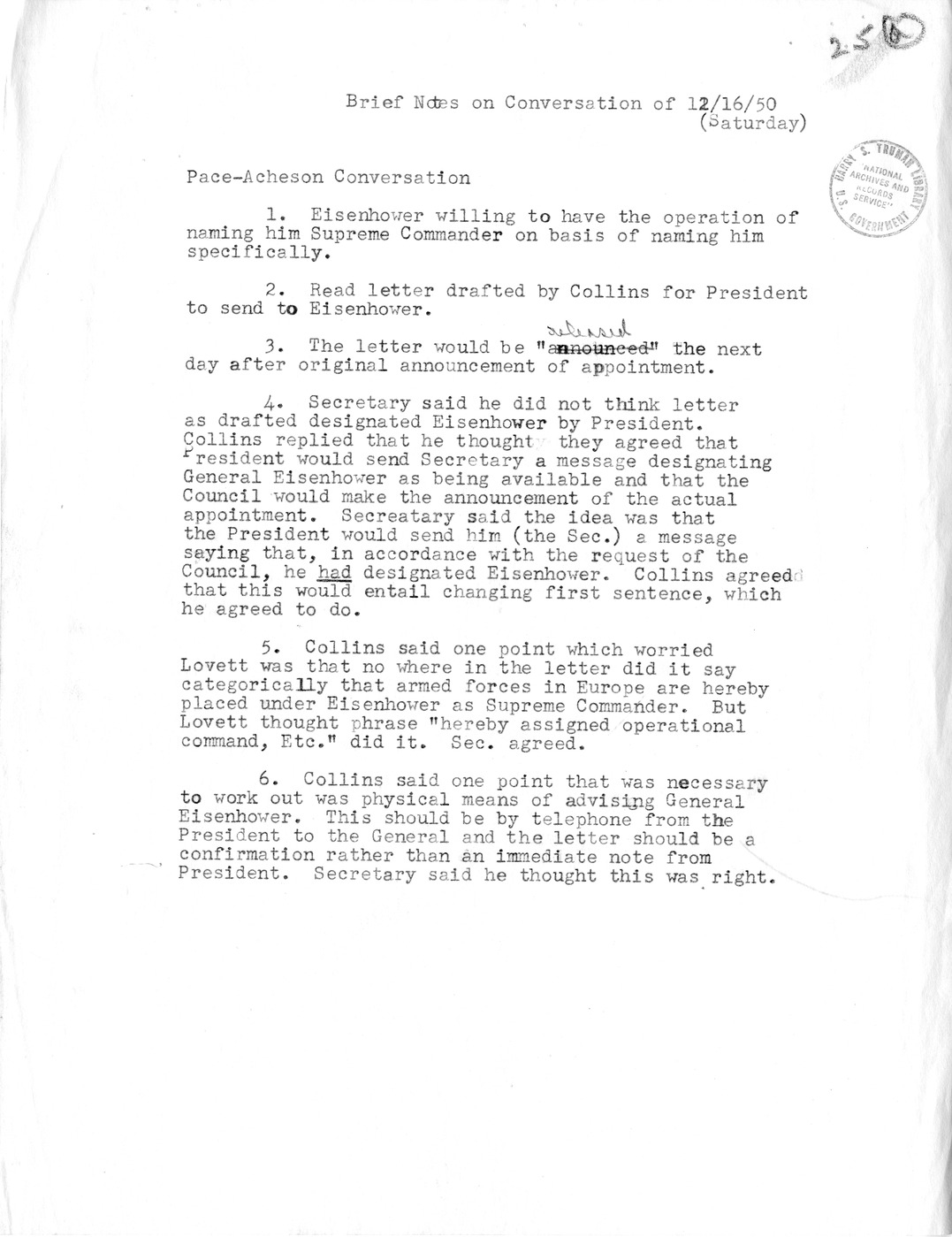 Memorandum, Brief Notes of Conversation Between Frank Pace and Dean Acheson, December 16, 1950