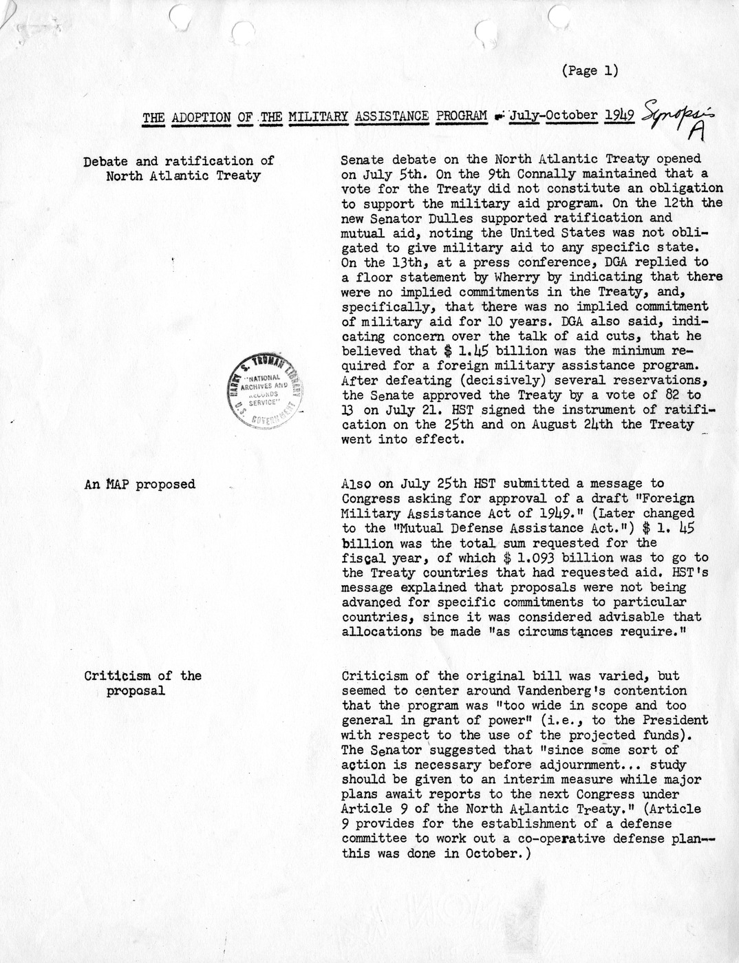 Synopsis A, The Adoption of the Military Assistance Program - July-October, 1949