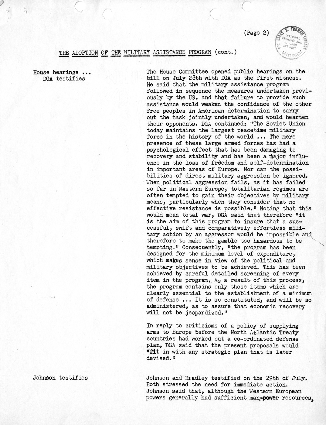 Synopsis A, The Adoption of the Military Assistance Program - July-October, 1949