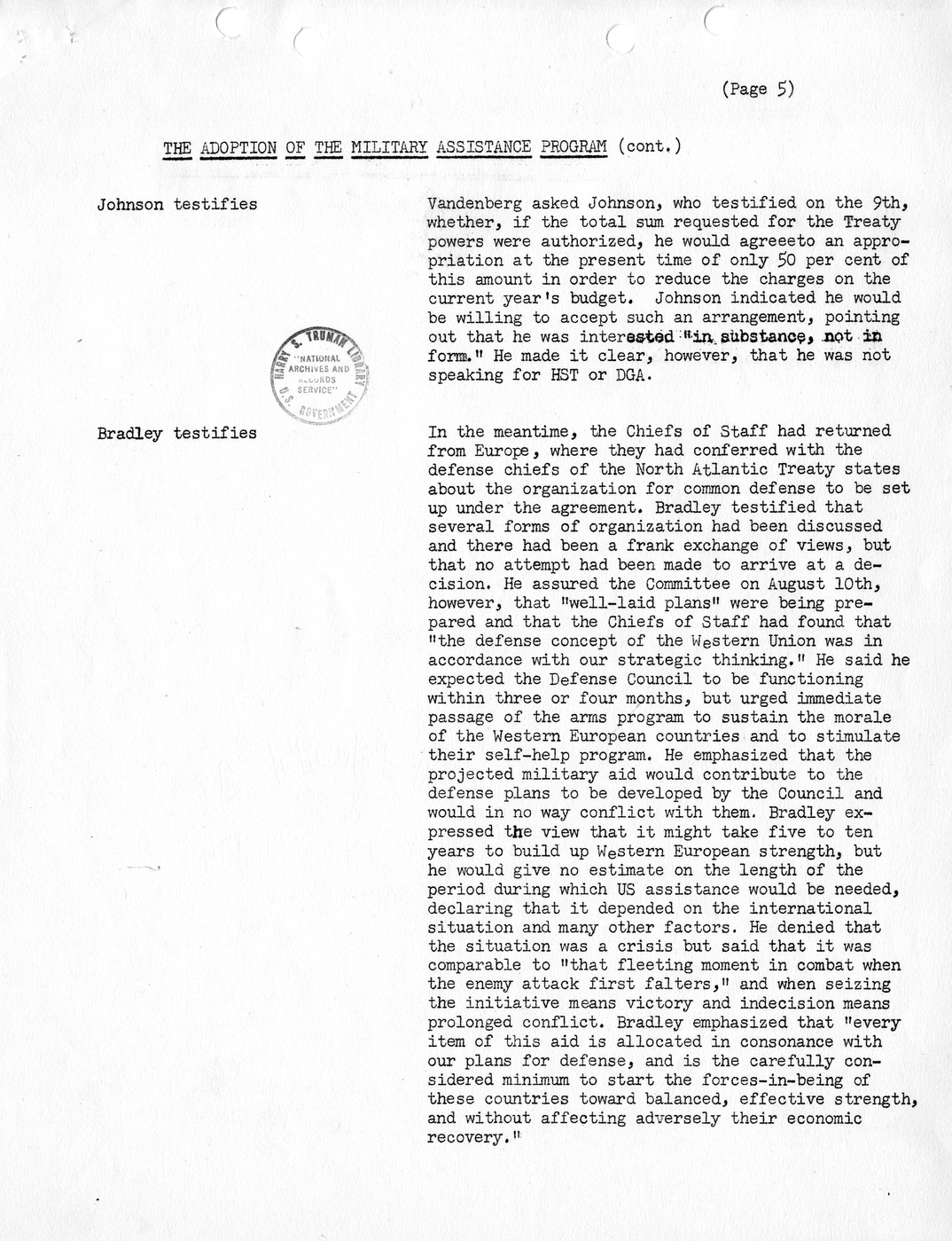 Synopsis A, The Adoption of the Military Assistance Program - July-October, 1949